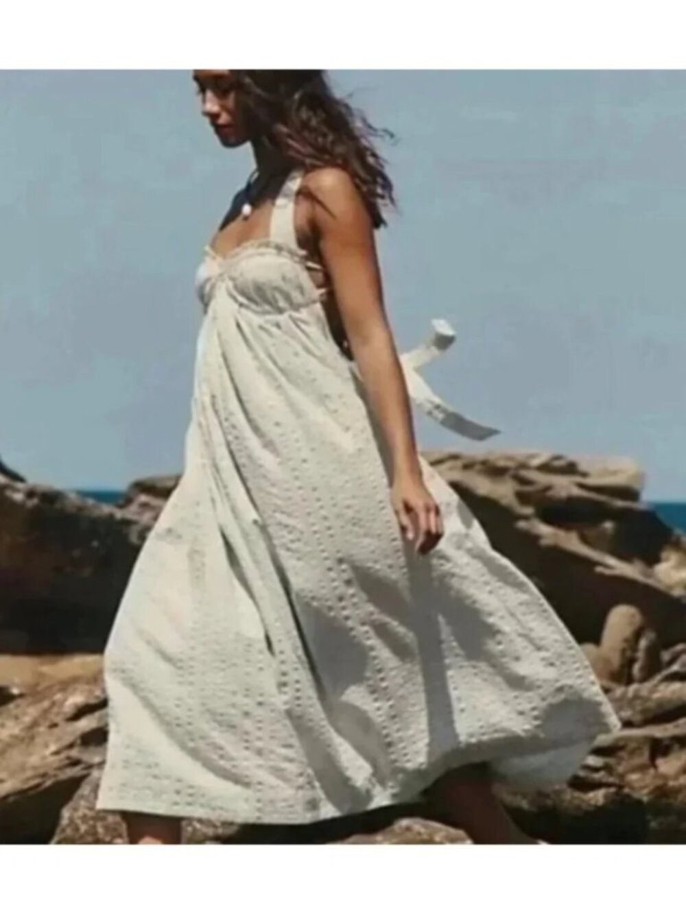 New Free People Poppy Seersucker 100% Cotton Blue/Grey Midi Dress Large NWOT - Picture 3 of 4